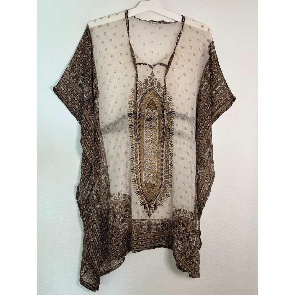 Highness Sheer Paisley Medallion Kaftan Top One Size Boho Kimono Brown White